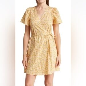Madewell Fiore Floral Cotton Wrap Dress Short Sleeve Yellow Large Mini Boho